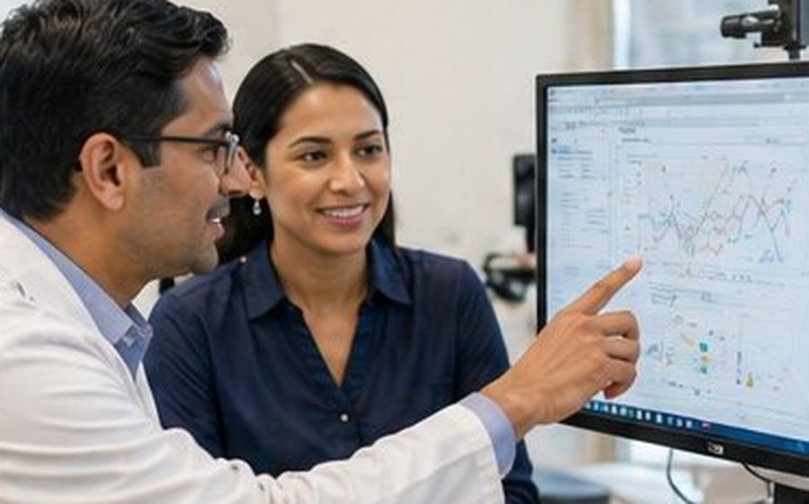 Research team reviewing clinical data on screen