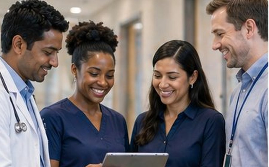 Care team collaborating around a tablet